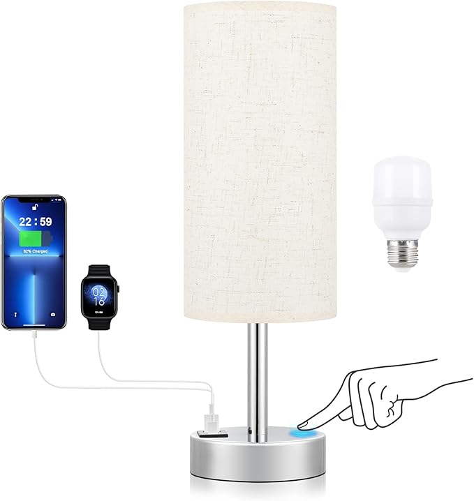 Dicoool Touch Table Lamp for Bedroom Nightstand - Bedside Lamp with USB-C USB-A Charging Ports White, 3 Way Dimmable Small Desk Lamp for Bedroom, Dorm Room, Office, Living Room, Reading, Bathroom