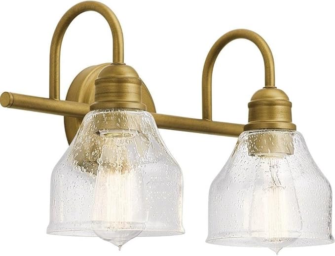 KICHLER Avery 15" Bathroom Vanity Industrial 2 Light Wall Fixture with Clear Seeded Glass in Natural Brass, for Bathroom (8.25" x 15" x 9.5") 45972NBR