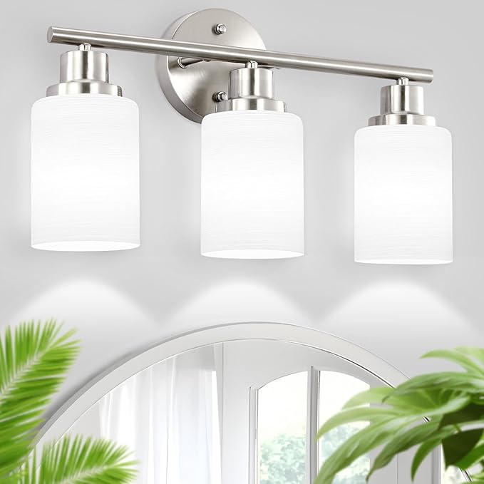 3-Light Bathroom Light Fixtures, Vanity Lights for Mirror with Textured Milky White Glass Shade, Modern Kitchen Light Fixtures Wall Sconce Light - E26 Base - Brushed Nickel