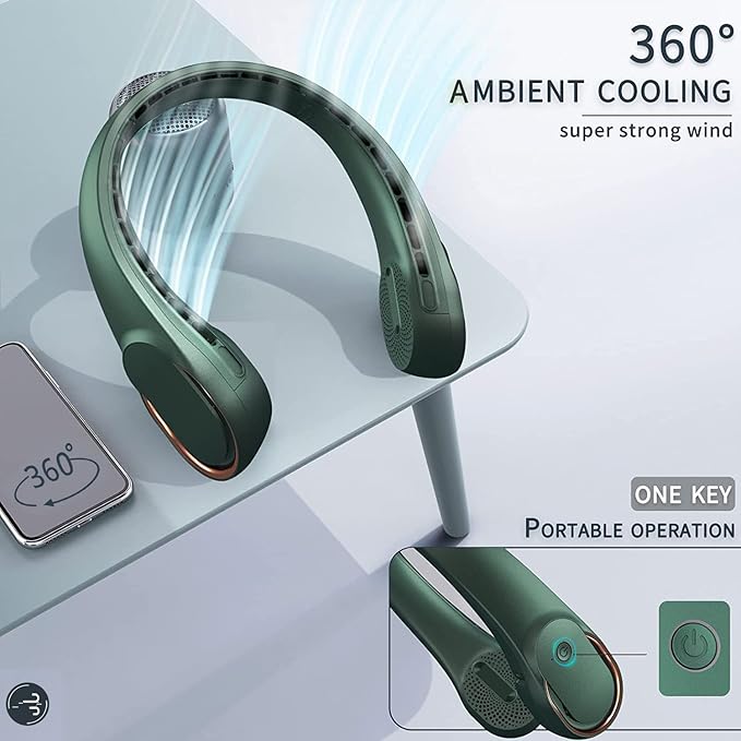 Neck Fan,Portable Bladeless Neck Fan, USB Rechargeable Personal Fan, 4000 mAh Battery Operated Wearable Fan, 3 Speeds Adjustable,Faster Cooling, Ultra Quiet, Suitable for Home, Office, Sports