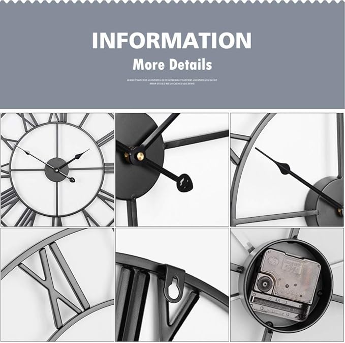 Antique Tower 30 inch Large Roman Numeral Wall Clock, Indoor Outdoor Patio Waterproof Oversized Decorative Contemporary Clock, Antique Black Metal Wall Clock Battery Operated Retro Art Hanging Clock,3