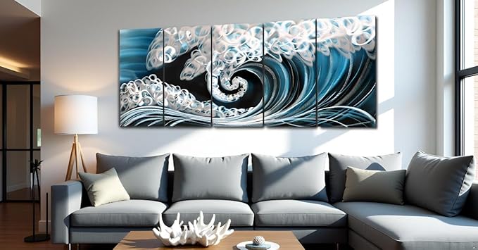 Yihui Arts Handcrafted 3D Metal Wall Art - Ocean Wave Sculpture, 5 - Panel Aluminum Decor for Living Room, Bedroom & Office