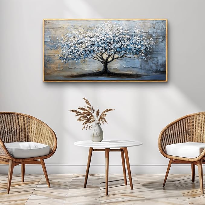 ERQINHUA Wood Framed Abstract Wall Art Office Large Wall Decor Art For Living Room Wall Pictures Blue Grey TreePainting Framed Canvas Artwork Bedroom Dining room Home Decoration Aesthetics 24"X48"