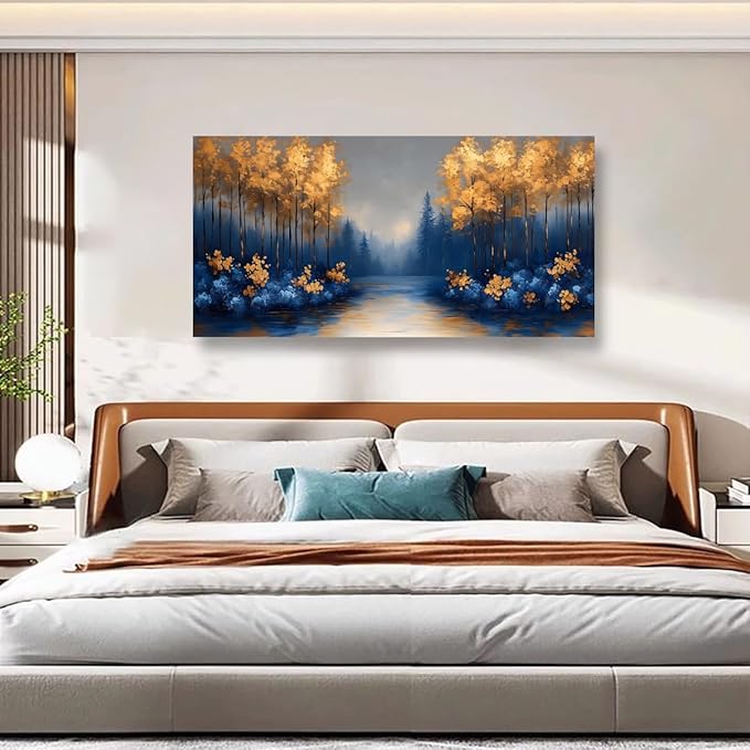Abstract Scenery Pictures Canvas Wall Art for Living Room Office Bedroom Wall Decor,Blue Forest Golden Tree Wall Art Print Paintings Modern Landscapes Artwork Waterproof Ready to Hang-20x40inch