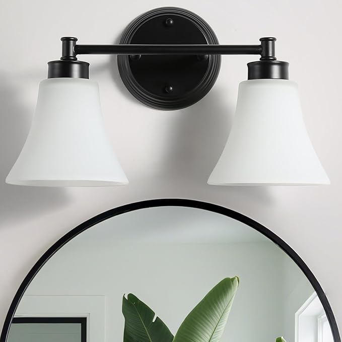 LOUSACE 2 Light Bathroom Vanity Light Matte Black Bathroom Lighting Fixtures Over Mirror with Opal White Frosted Glass, Vintage Traditional Wall Lighting Fixture Vanity Lights