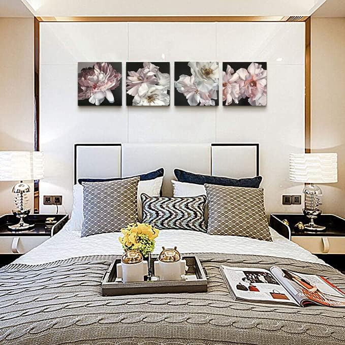 Yxbhhym Floral Canvas Wall Art White Flowers Wall Picturs Prints Pink Florals Artwork for Wall Dรฉcor Painting Poster for Bathroom Art Living Room Decor-Framed Wall Art -12x12inches x 4 pcs