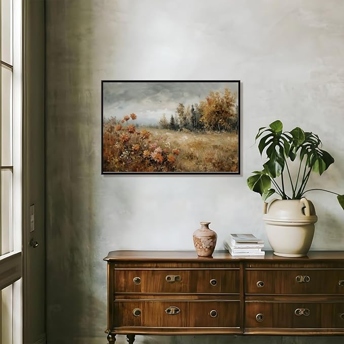 Fall Canvas Wall Art Wildflower Posters Autumn Landscape Pictures Print Art Vintage Rustic Farmhouse Wall Decor 8x12inch black framed