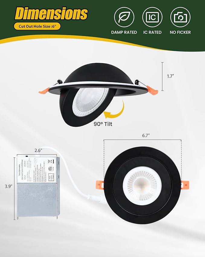 ZYC Gimbal LED Recessed Lighting - 6 Inch 5CCT 12W 360° Rotation Adjustable Eyeball Light,LED Swivel Spotlight,Directional Sloped Ceiling Light,Dimmable Canless Wafer Downlight Pack of 4 Black.