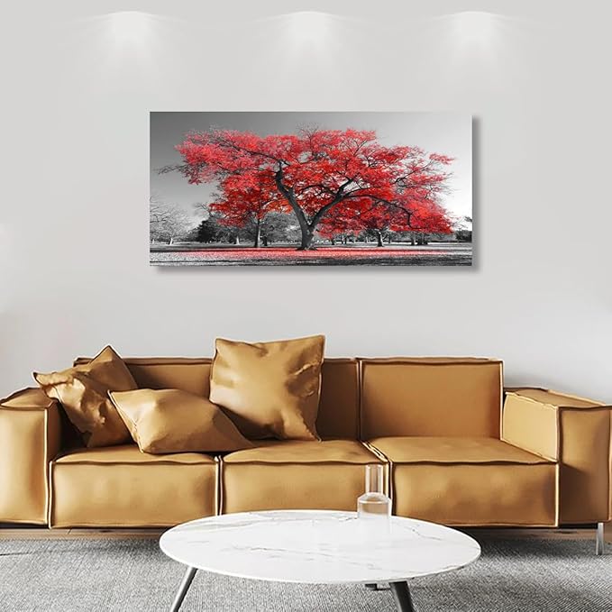 Red Tree of Life Wall Art for Living room Office Bedroom Black and White Scenery Canvas Wall Art Print Oil Paintings Modern Forest Landscape Pictures Wall Decor Artwork Ready to Hang - 20in * 40inch