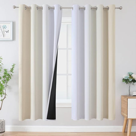 Estelar Textiler Full Room Darkening Blackout Curtains 72 Inch Length 2 Panels Set, Ombre Greyish White and Beige Thermal Insulated Full Light Blocking Grommet Blackout Drapes for Bedroom, 52Wx72L