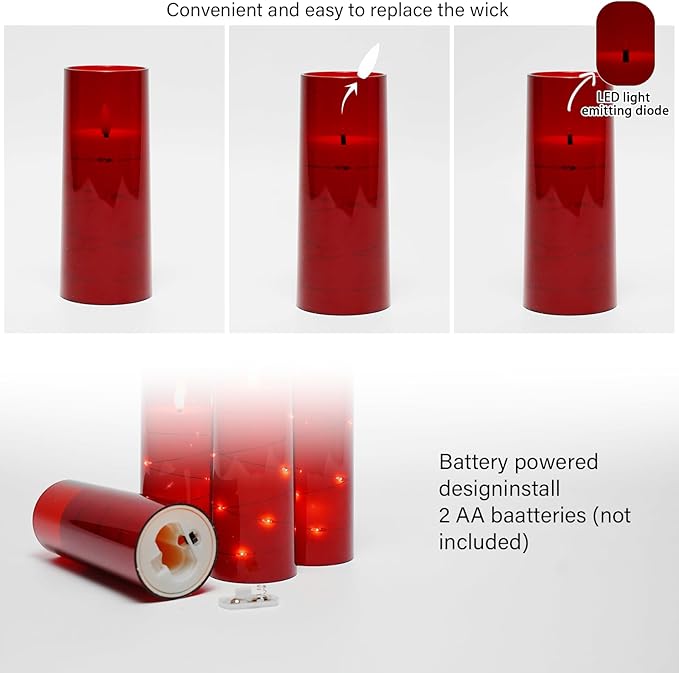 Flameless LED Candles with Timer 5 Pc Flickering Flameless Candles for Romantic Ambiance and Home Decoration Stable Acrylic Shell,with Embedded Star String,Battery Operated Candles(Red)