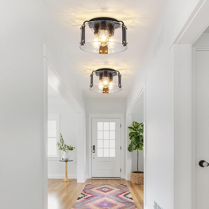 TOULMJ 15'' Semi Flush Mount Ceiling Light, Black Morden Hallway Light Fixture 3-Light Ceiling Light Fixture with Seeded Glass Shade for Dining Room Hallway Entryway Bedroom Laundry Room