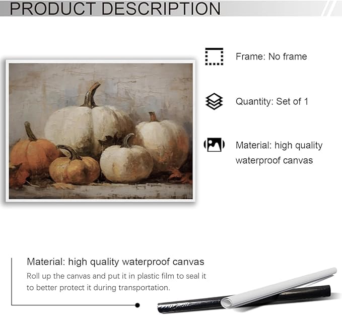 Generic Fall Wall Decor Pumpkin Still Life Canvas Paint posters Rustic Fall Art Vintage Autumn Wall Print Halloween Autumn Decor Thanksgiving 12x16 Unframed