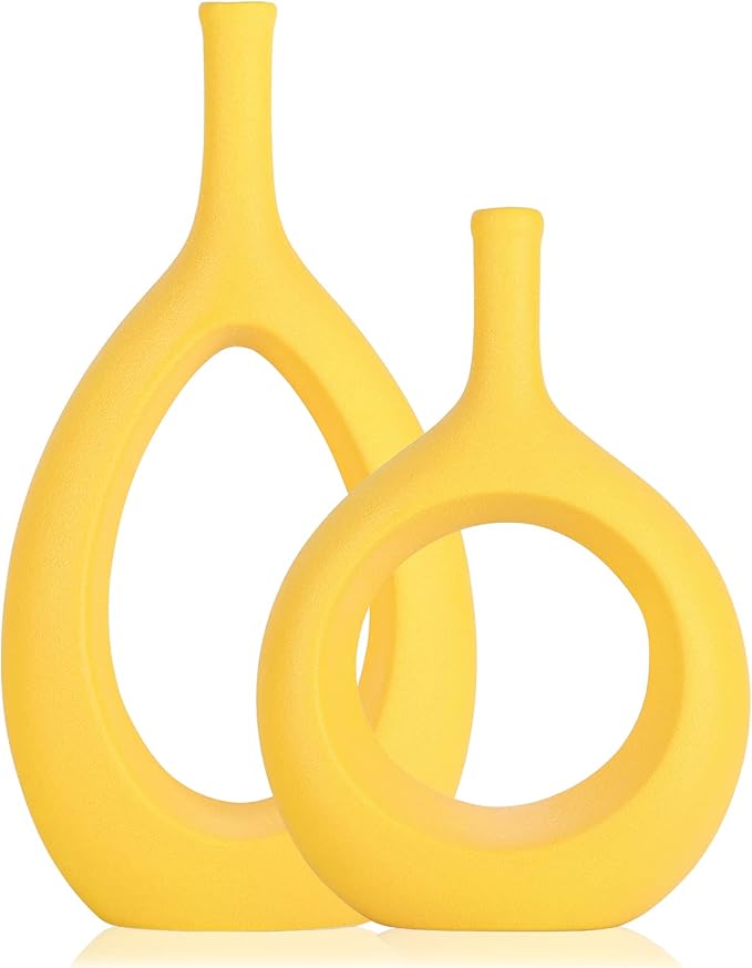 Yellow Ceramic Hollow Elliptical Vase Set of 2 - Boho Circle Vase with Hole, for Modern Yellow Table Decor, Living Room Decor Shelf mid Century Modern Home Entrance Decorative vase