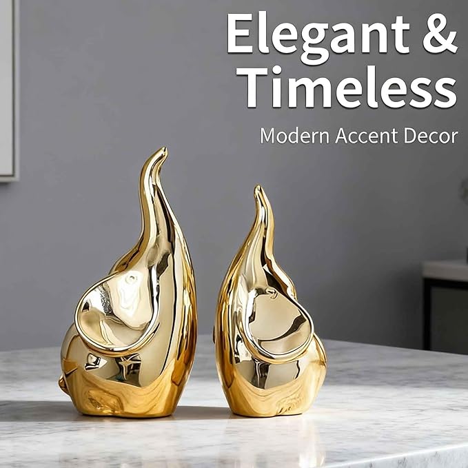 Ceramic Elephant Figurines with Trunk Up, Pair Couples Loving Elephant Statue, Small Figurines Sculpture African Home Decor, Valentine Elephants Gifts for Women, Wedding Knick Knacks(Gold)