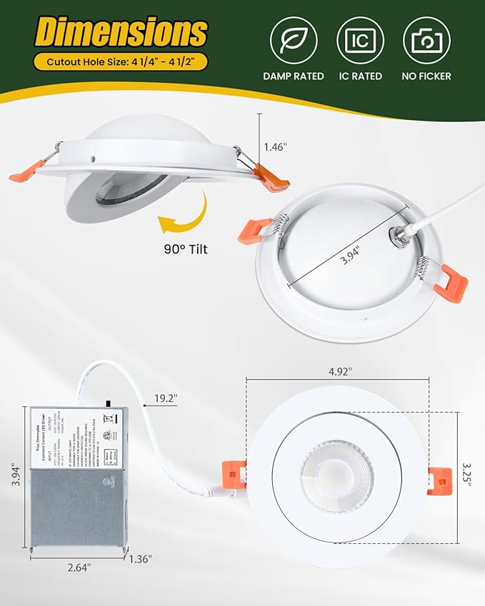 ZYC Black Gimbal Recessed Lighting - 4 Inch 9W 360° Rotation Gimbal, Adjustable Eyeball Light, LED Swivel Spotlight, Directional Sloped Ceiling Light, Dimmable Wafer Downlight, 5CCT Pack of 4 Black.