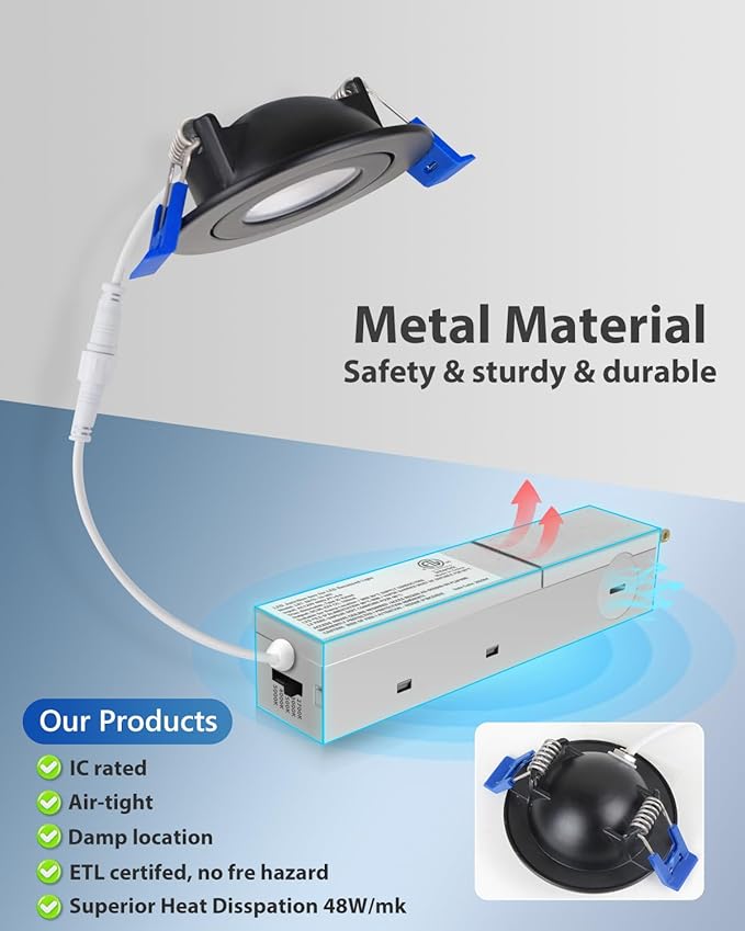 Adetu 2 Inch 5CCT Gimbal Black Led Recessed Lighting with Junction Box, 360°+90° Adjustable Led Recessed Lights, 2700K/3000K/3500K/4000K/5000K, 5W Eqv 50W, 550LM Brightness - ETL (Black, 6 Pack)