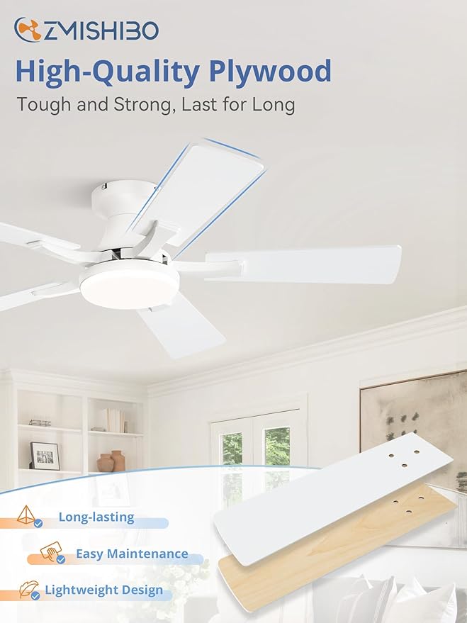 ZMISHIBO 42 Inch Ceiling Fan with Light, App&Remote Control, Flush Mount Low Profile, Dimmable 20W LED Light, Quiet Reversible Motor for Bedroom, Living Room, Apartment, White