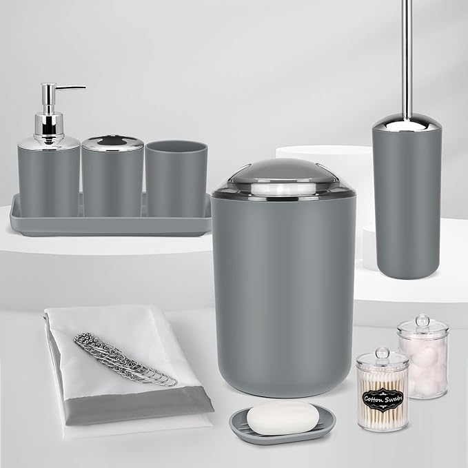 IMAVO Bathroom Accessories Set,Grey Bathroom Set,22 Pieces Bathroom Accessory Set with Shower Curtain,Qtip Holders,Toilet Brush,Trash Can for Bathroom Décor and Home Gifts