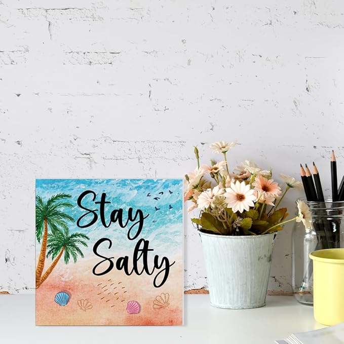 Summer Decor Stay Salty Wood Block Sign Home Beach House Desk Table Shelf Decoration