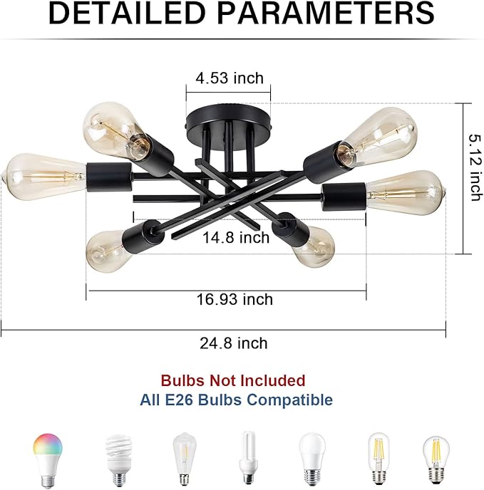 Sputnik Chandeliers, Modern Semi Flush Mount Ceiling Light with E26 Base, Mid Century Industrial Kitchen Farmhouse Light Fixtures for Bedroom Living Room (Black, Ceiling 6 Lights)