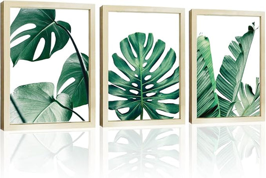 COSCTOR Set of 3 Botanical Wall Art Bathroom Wall Decor Green Plant Picture Monstera Frame Tropical Posters Prints for Home Living Room Bedroom Restroom Decoration(Framed,12x16)