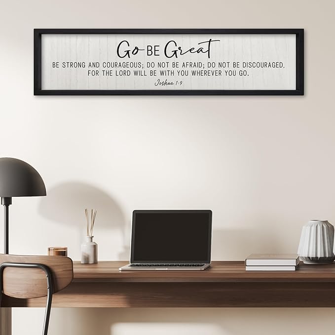 ZZJJHYWGQ Bible Verse Wall Decor Joshua 1:9 Sign 32"×8" Scripture Go Be Great Inspirational Quotes Rustic Christian Plaque Wood Framed Faith Farmhouse Catholic Living Room Wall Art Hanging (Black)