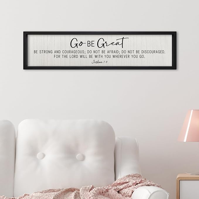 ZZJJHYWGQ Bible Verse Wall Decor Joshua 1:9 Sign 32"×8" Scripture Go Be Great Inspirational Quotes Rustic Christian Plaque Wood Framed Faith Farmhouse Catholic Living Room Wall Art Hanging (Black)