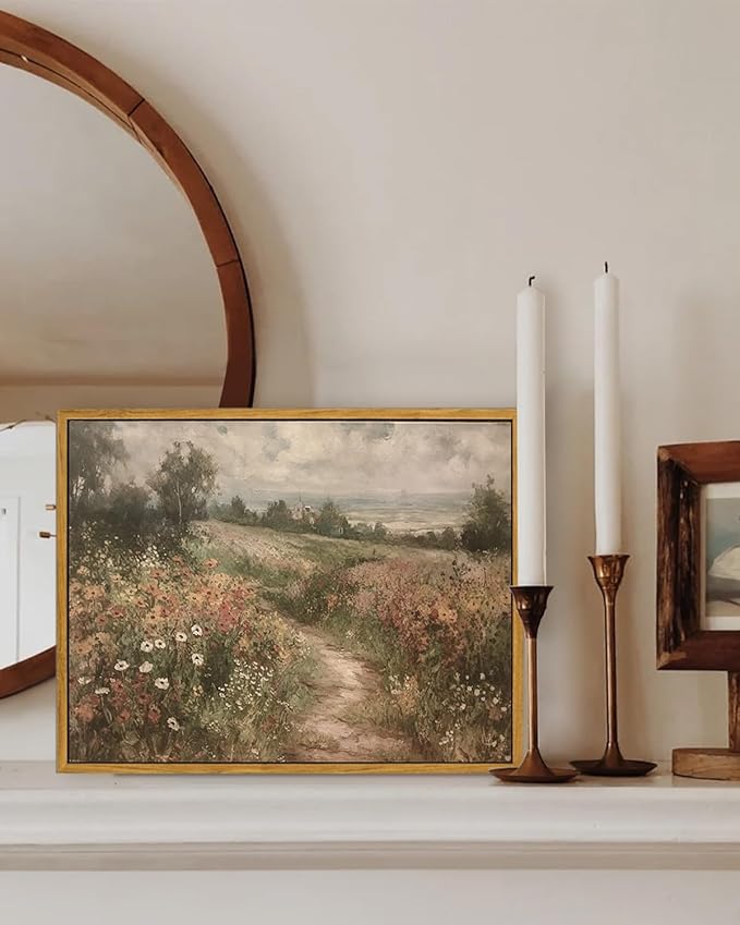 KBKBART Framed Canvas Wall Art for Living Room, Vintage Countryside Wildflower Field Painting Farmhouse Decor, Retro Nature Wilderness Canvas Art Prints, Rustic Landscape Wall Decor for Bathroom, Bedroom Living Room, Vintage Art Wall Decor(12"x16")