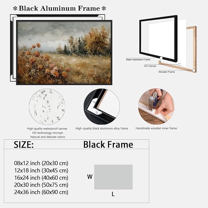 Fall Canvas Wall Art Wildflower Posters Autumn Landscape Pictures Print Art Vintage Rustic Farmhouse Wall Decor 16x24inch black framed