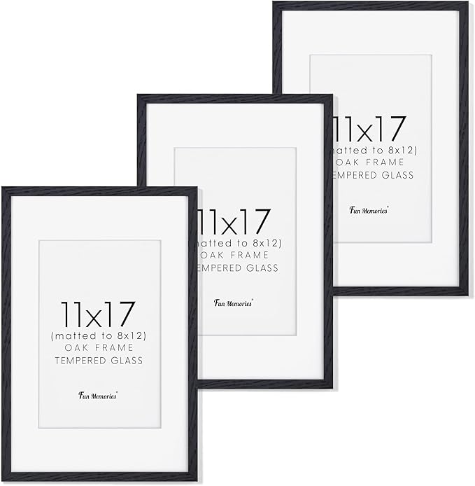 11x17 Black Picture Frames, 11 x 17 Picture Frame Set of 3, High-End Oak Wood Frame 11 by 17, 11x17 Wooden Frame with Tempered Glass, Matted to 8x12, Black Wood 11 x 17 Poster Frame for Wall