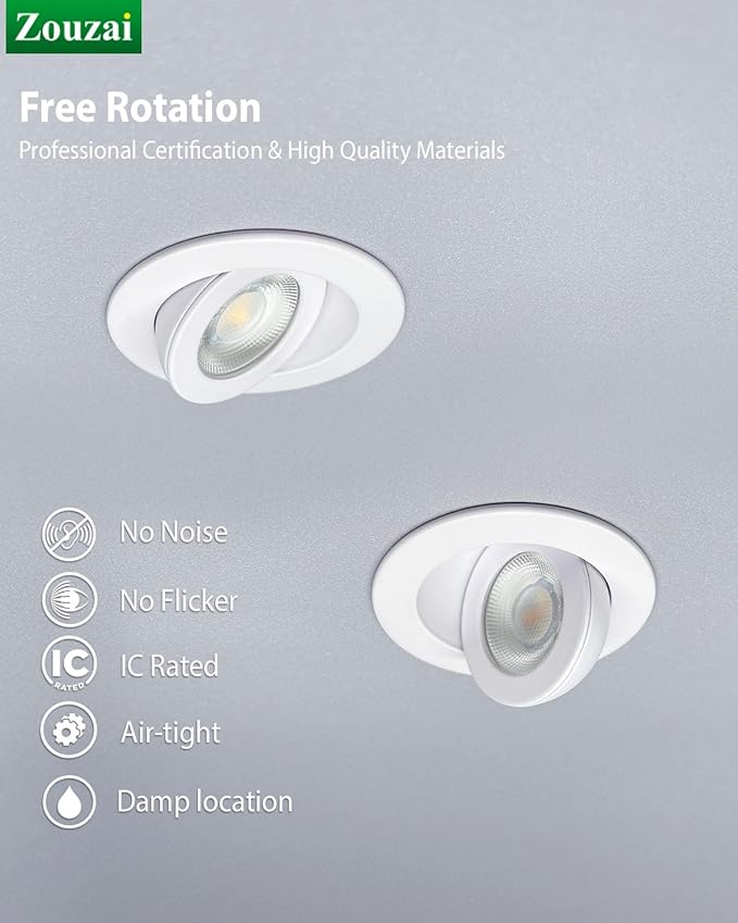 zouzai 5CCT LED Gimbal Led Recessed Light with Junction Box, 360ยฐ+90ยฐ Adjustable Directional Eyeball Lighting, Dimmable, 2700K/3000K/3500K/4000K/5000K,ETL&Energy Star (White 1 Pack, 2 inch)