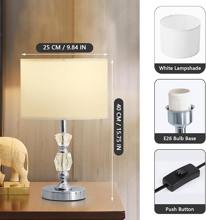 Crystal Table Lamps Set of 2, 3-Color Dimmable Modern Nightstand Lamp for Living Room/Bedroom/Entryway and Other Rooms, Led Bulb Included