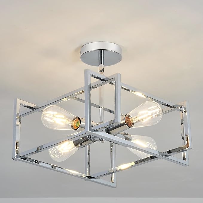 ZGLAOJT 4-Lights Ceiling Light Chrome Light Fixture Industrial Flush Mount Ceiling Light Farmhouse Chandelier Lighting for Kitchen Island Dining Room Bedroom Foyer Hallway.