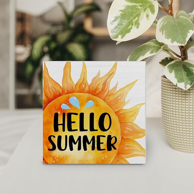Hello Summer Decor Sun Wood Block Sign Farmhouse Summer Decorations for Home Desk Table Shelf 5 x 5 Inches