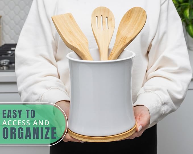 Comfify Large Ceramic Kitchen Utensil Holder with Bamboo Base - Modern Utensil Crock for Countertop Organization - Kitchen Counter Organizer for Cooking Tools, Spatulas, Spoons & More - White Ceramic
