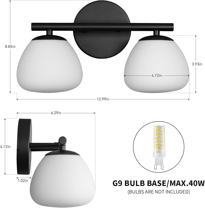 Modern 2 Light Bathroom Vanity Light Black Vanity Light Bathroom Light Fixtures Over Mirror with Milk Glass Shade Bathroom Wall Sconce