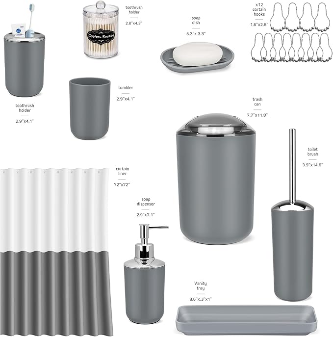 IMAVO Bathroom Accessories Set,Grey Bathroom Set,22 Pieces Bathroom Accessory Set with Shower Curtain,Qtip Holders,Toilet Brush,Trash Can for Bathroom Décor and Home Gifts