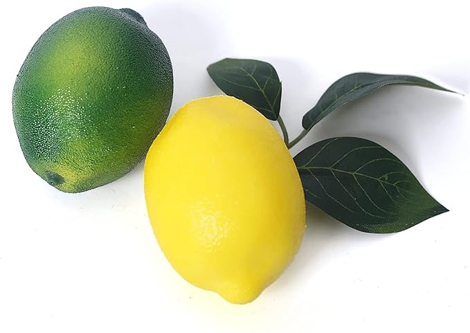 Fake Fruit Artificial Lemons 24 Pcs, Faux Lemon Leaves 12 Pcs Lifelike Fake Lemon Decor for Kitchen Table Cabinet Party Plastic Fruits Photography Prop