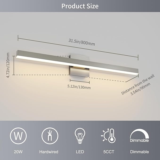 Joossnwell Brushed Nickel Vanity Light for Bathroom Lighting Fixtures Over Mirror Modern Bath Vanity Lights Bar 5CCT Diammable Bathroom Lights 31.5 inch ETL Certificated