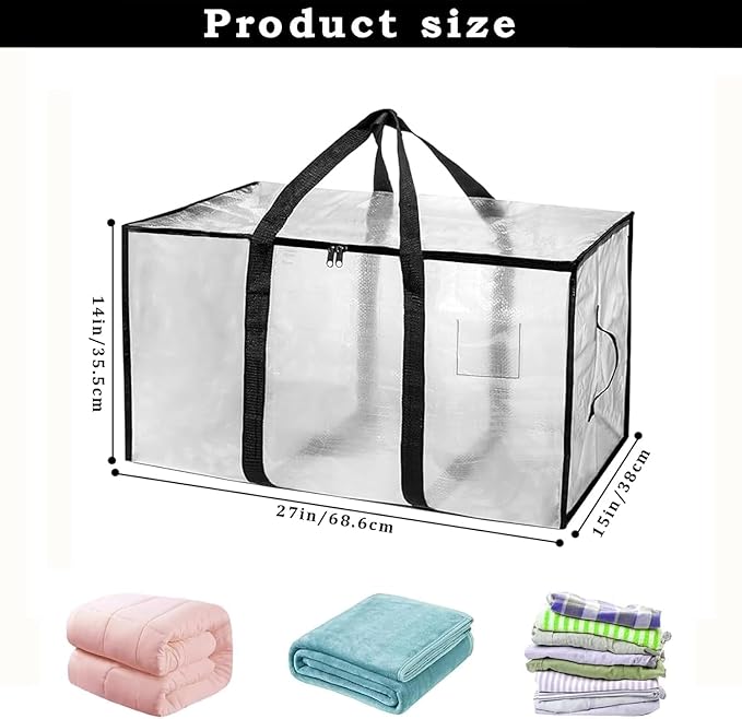 12 Pack-Extra Large Heavy Duty Moving Bags - Waterproof Storage Totes with Handles & Zippers, Foldable for College Dorm, Storage (Clear)