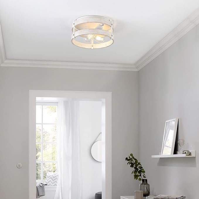 Modern Farmhouse ?Antique White Distressed Flush Mount Light Fixture 2-Light Wood Drum Semi Flush Mount Ceiling Light for Hallway Bedroom Kitchen Entryway Farmhouse
