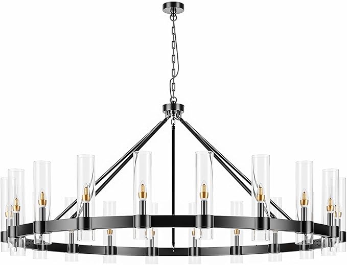 20-Lights Black Wagon Wheel Chandelier Modern Farmhouse with Glass Shade, 60 Inch Large Round Industrial High Ceilings Pendant Lighting Fixture for Dining Living Room, Kitchen Island, Foyer