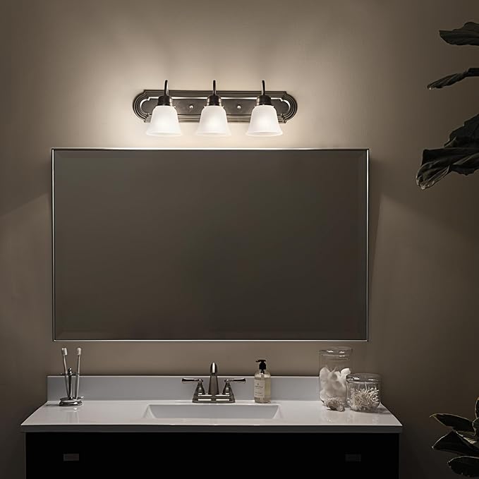Kichler 24" 3-Light Vanity Bath Light in Brushed Nickel, Modern Bathroom Light with Clear Satin Etched Glass, (24" W x 8" H), 5337NIS