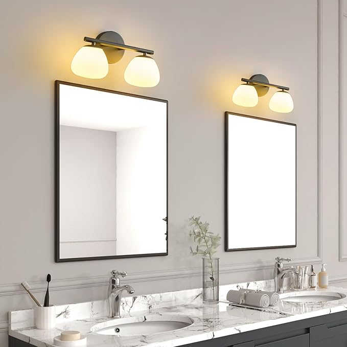 Modern 2 Light Bathroom Vanity Light Black Vanity Light Bathroom Light Fixtures Over Mirror with Milk Glass Shade Bathroom Wall Sconce