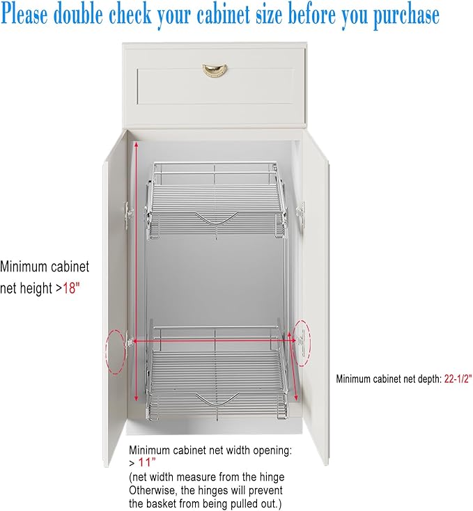 DINDON 2 Tier Pull Out Cabinet Organizer (11"W X 21"D), Double Tier Wire Basket Slide Out Shelf Storage for Kitchen Base Cabinet Organization for Kitchen, Pantry, Bathroom, Chrome