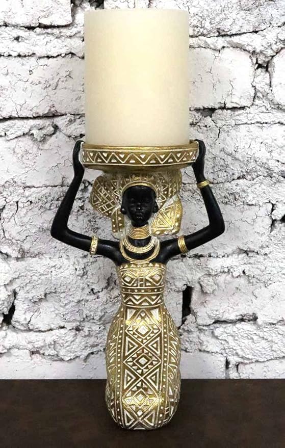 African Lady Figurine Candle Holder with African Tribal Totem for Wedding,Church,Holiday Decor-African Decorative Women Statues, Candlestick Holder for Home and Table Decor(753-Gold)