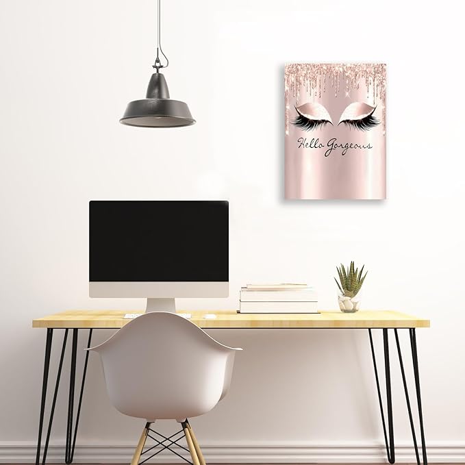 Feminine Eyelash Canvas Wall Art 12x16 Inch - Hello Gorgeous Framed Decor for Bathroom, Bedroom, Home Office - Rose Gold Girly Aesthetic Ready to Hang