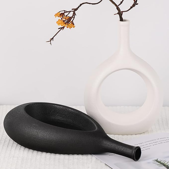 Black and White Ceramic Hollow Elliptical Vase Set of 2 - Boho Circle Vase with Hole, for Modern Black and White Table Decor, Living Room Decor Shelf mid Century Modern Home Entrance Decorative vase