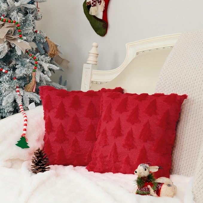 GEEORY Christmas Tree Throw Pillow Covers 16x16 Inch Set of 2, Xmas Winter Soft Plush Faux Fur Wool Decorative Farmhouse Holiday Cushion Case for Home Decoration (Red) GC005-16